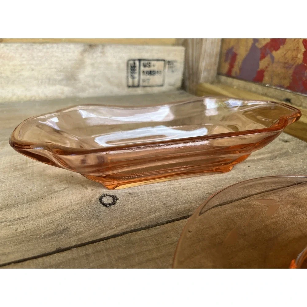 Vintage Pink Depression Glassware Floral Etching‎ Small Plates, Butter Dish,bowl